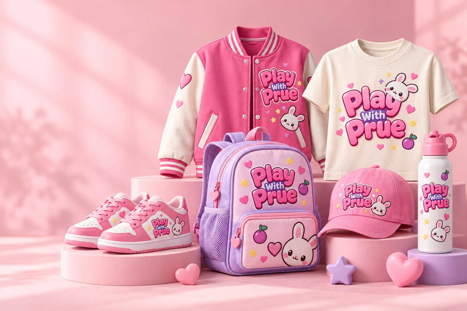 Play With Prue dream merchandise collection with jacket, shirt, shoes, backpack, cap, and bottle