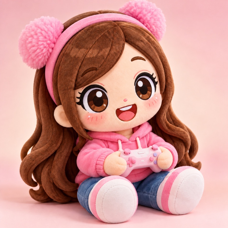 Prue character plush holding a pink game controller