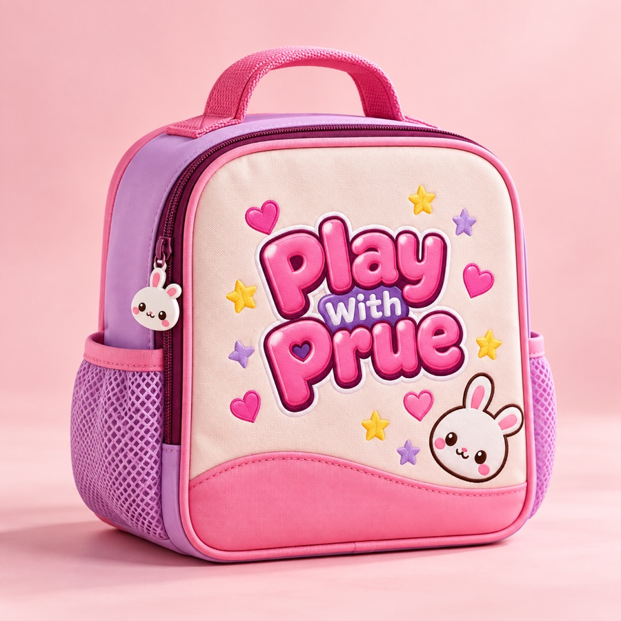Pink and lavender Play With Prue lunch bag