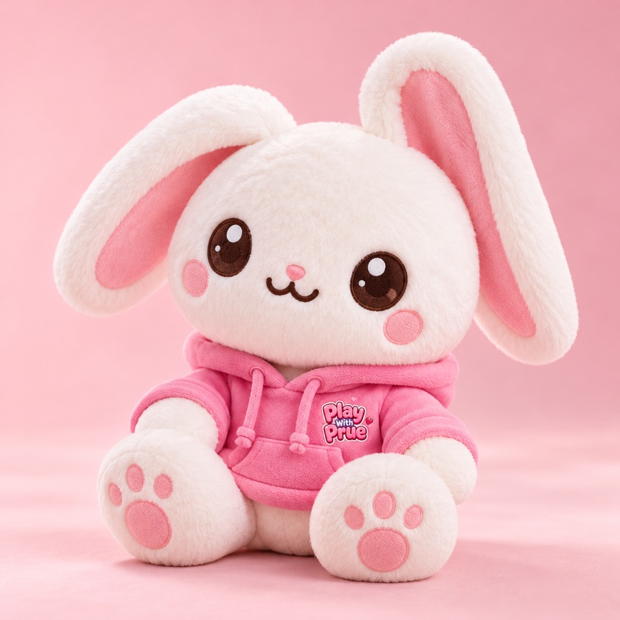 White bunny plush wearing a pink Play With Prue hoodie