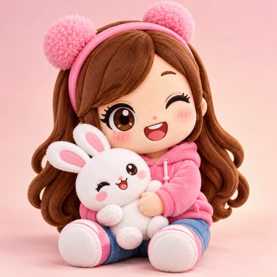 Prue character plush holding a white bunny plush